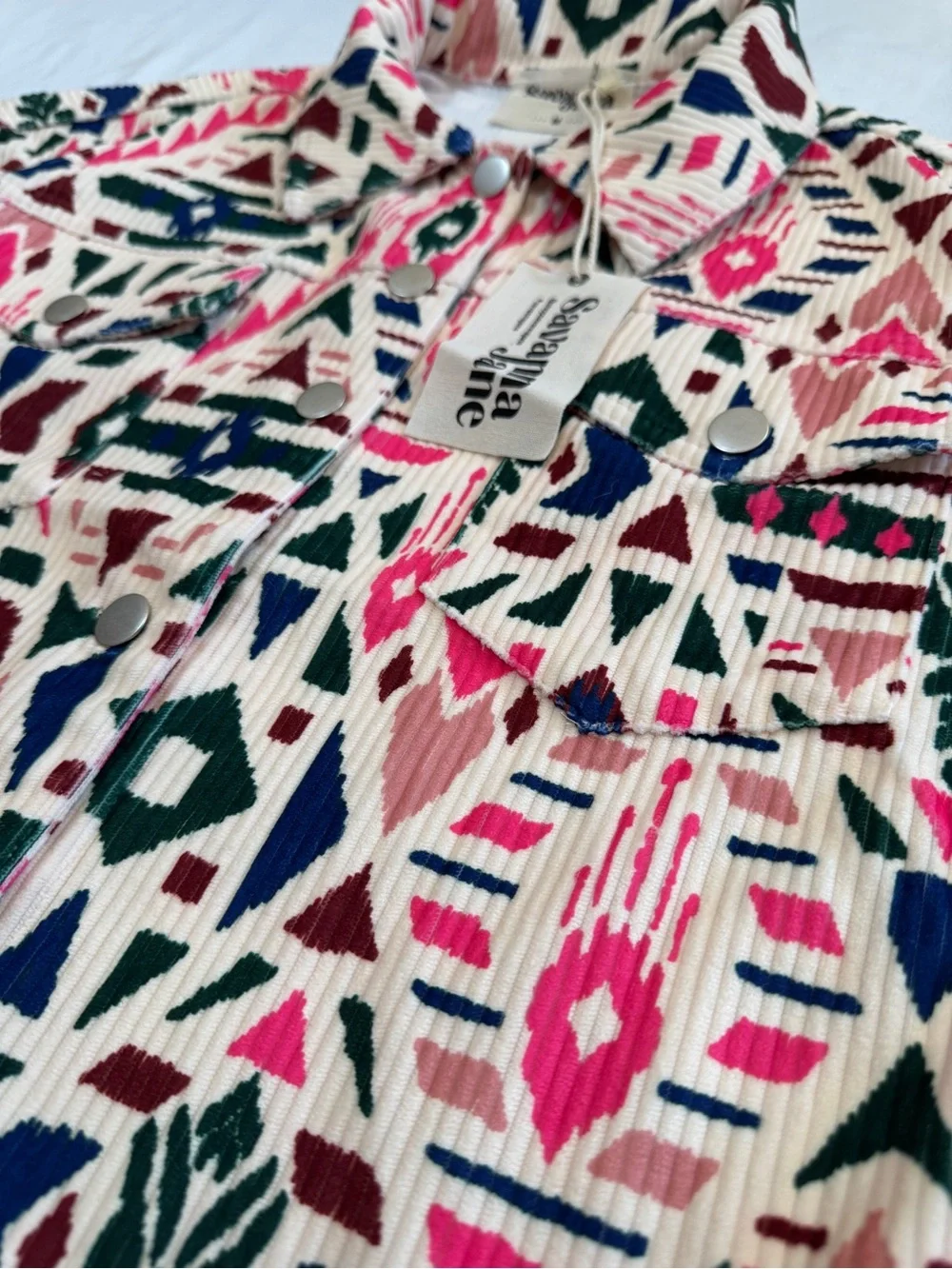 Savanna Jane Women’s Medium Aztec Print Corduroy Jacket High Low Shacket NWT - Picture 3 of 7